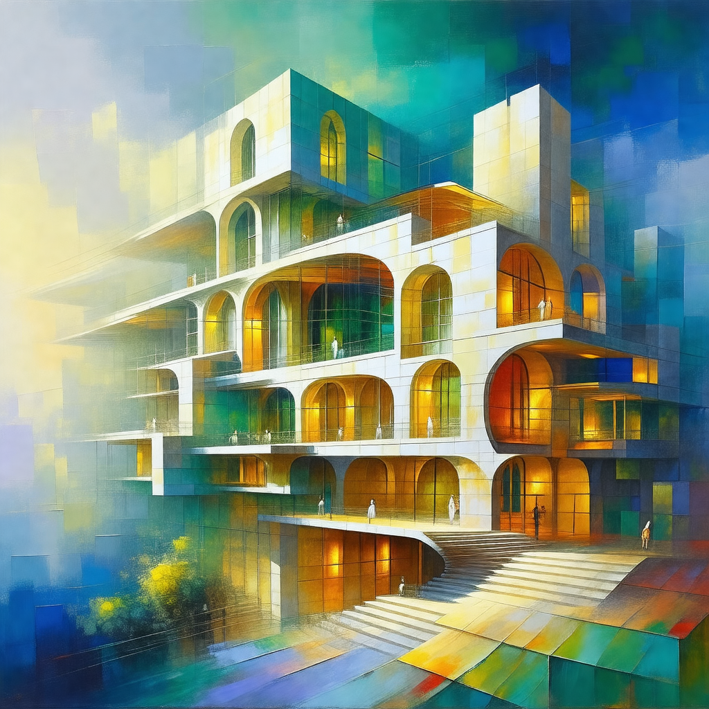 Painting of a large building with many windows