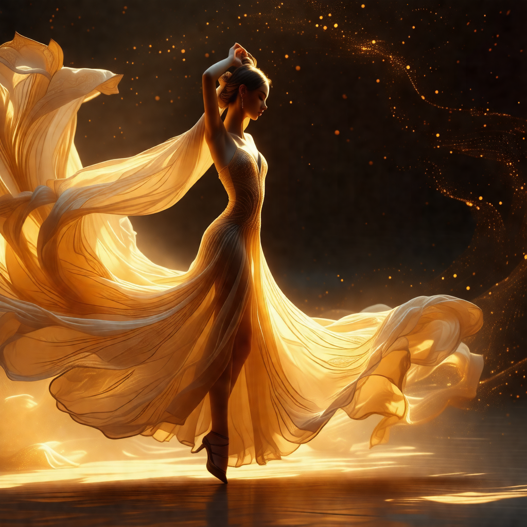 Woman in a flowing dress, standing on a stage and perform...