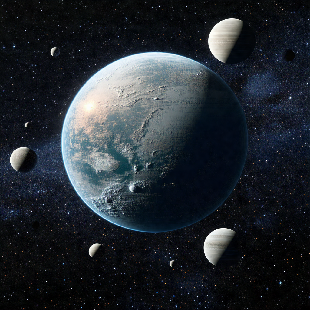 Large, blue, and green planet with a few moons orbiting a...