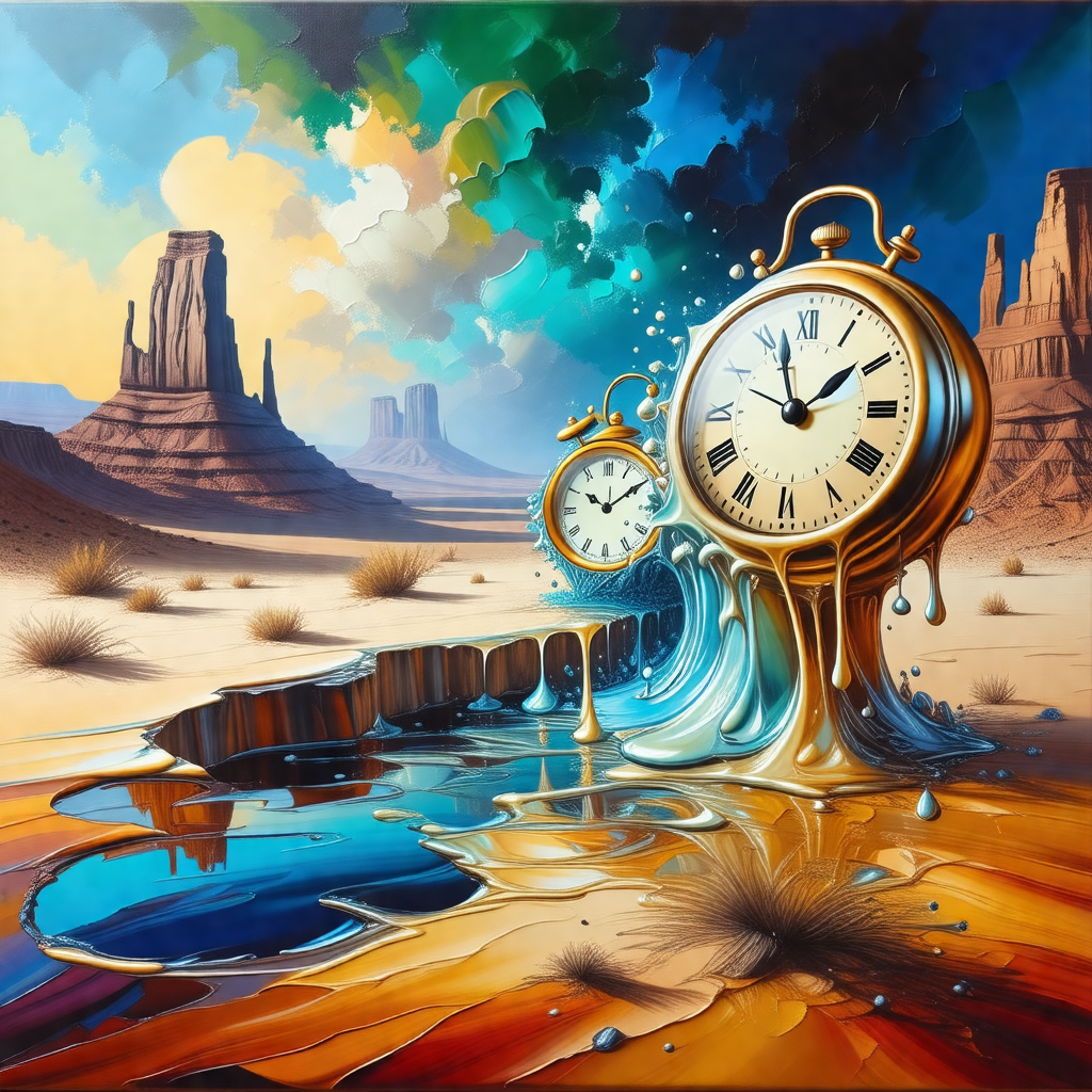 Large clock with a golden frame, placed in a desert-like ...