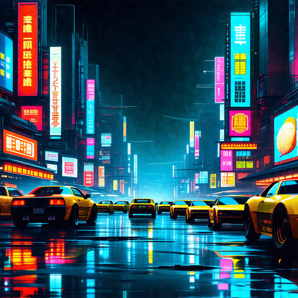 Colorful, futuristic cityscape with a long line of yellow...