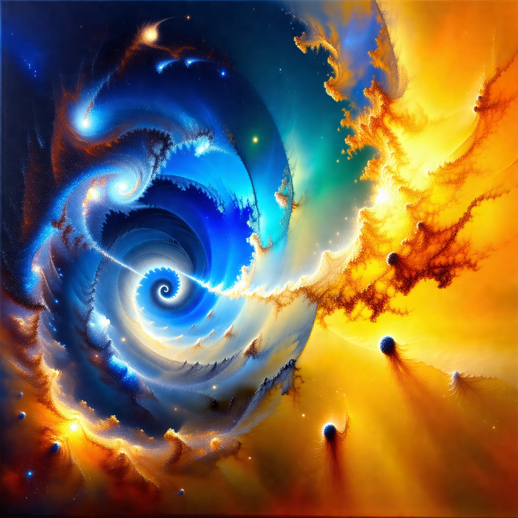 Painting of a spiral galaxy, featuring a swirling pattern...