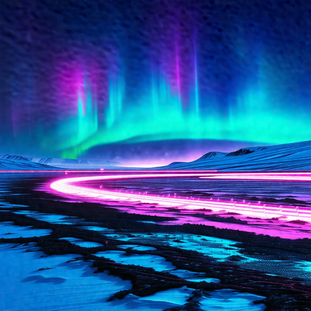 Captures a beautiful night scene with a purple and green sky