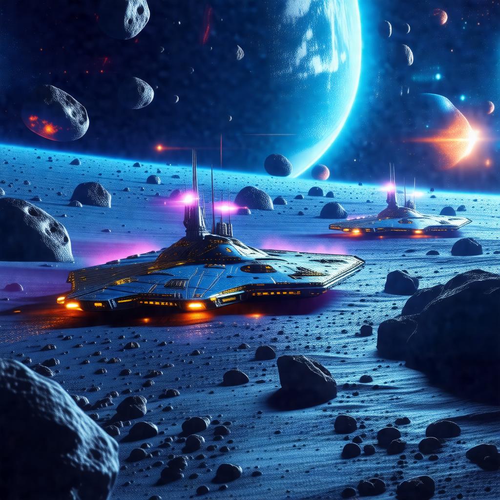 Futuristic spacecraft traveling through a dark, star-fill...