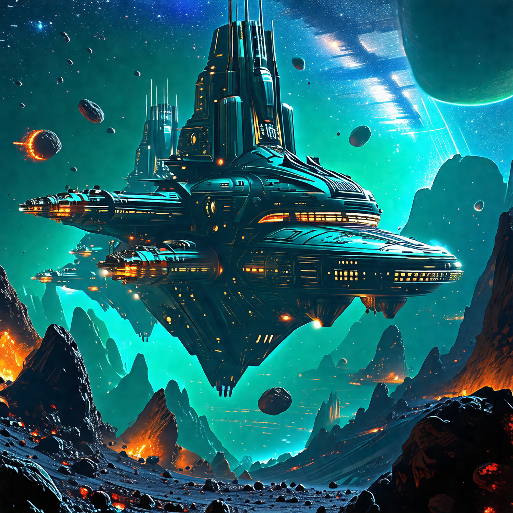Futuristic painting of a large spacecraft, possibly a bat...