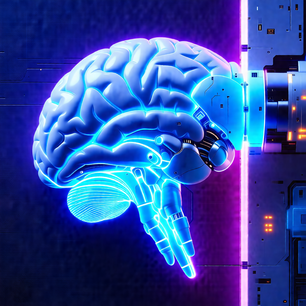 Close-up of a human brain, with a blue glow surrounding it