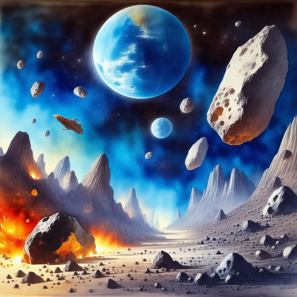 Painting of a space scene featuring a spaceship flying th...