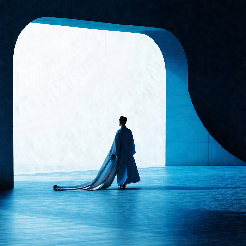 Man dressed in a long blue robe, walking through a large,...