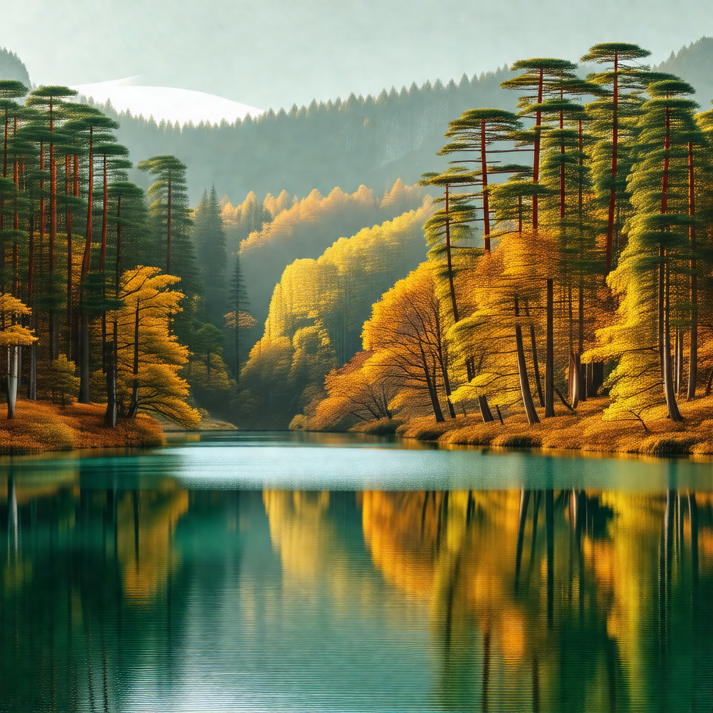 Serene scene of a lake surrounded by a forest of trees