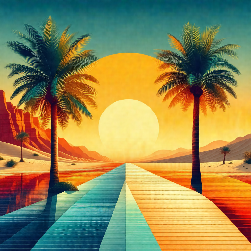Painting of a beach scene with a sunset in the background