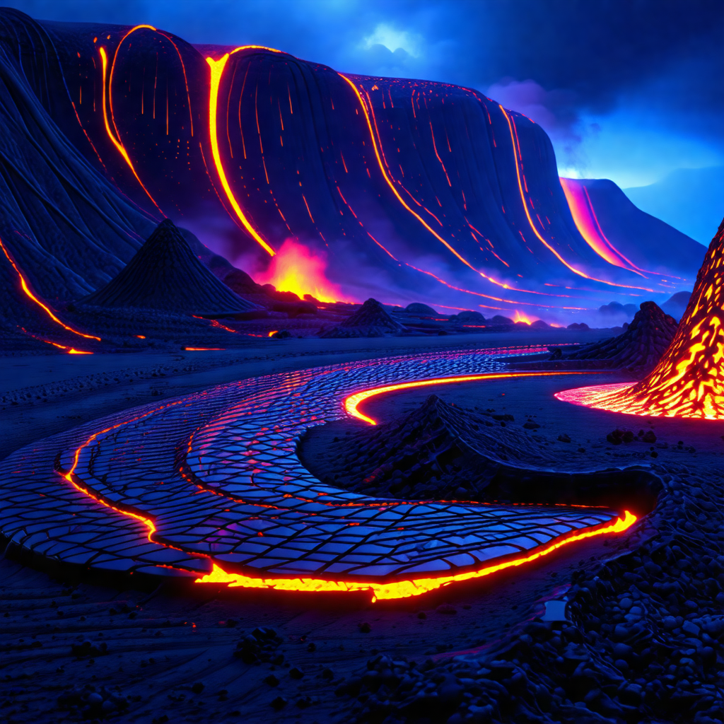 Large, red, and orange lava flow, with a mountainous land...