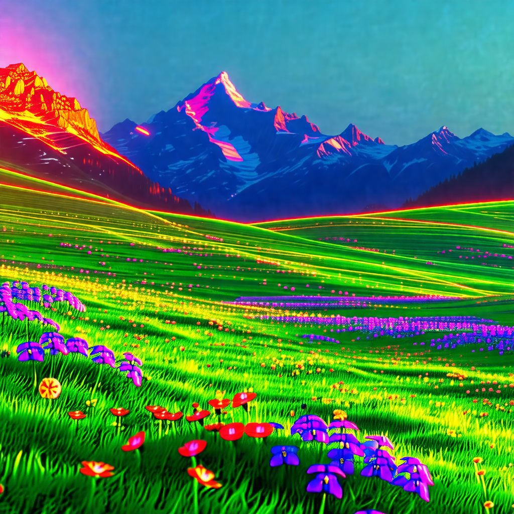 Vibrant, colorful painting of a mountainous landscape
