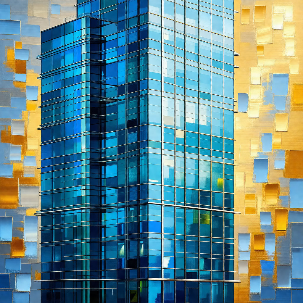 Tall, blue and white building with many windows