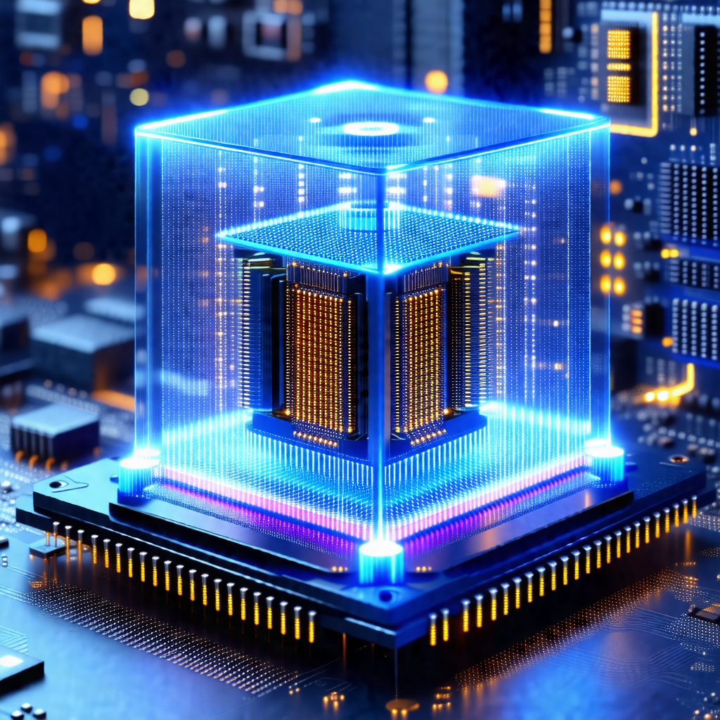Large, blue, glowing cube sitting on top of a black surface