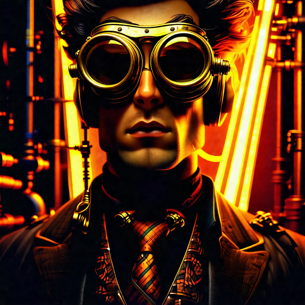 Man wearing a suit and tie, with a pair of goggles on his...