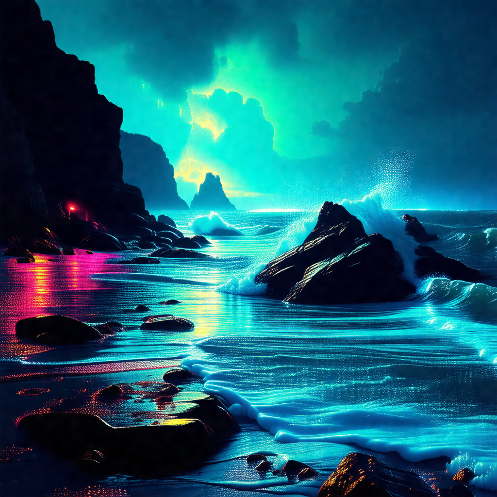 Painting of a beautiful beach scene at night
