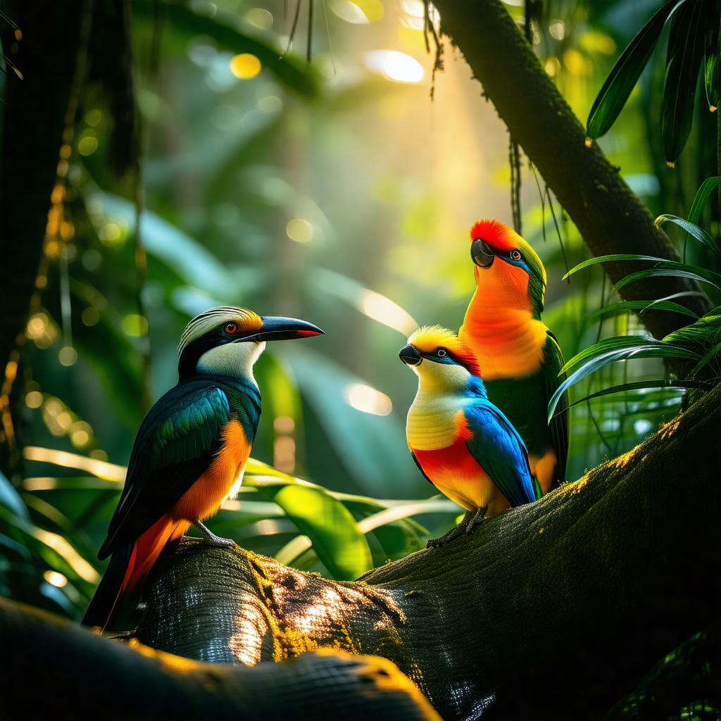 Group of three colorful birds perched on a tree branch