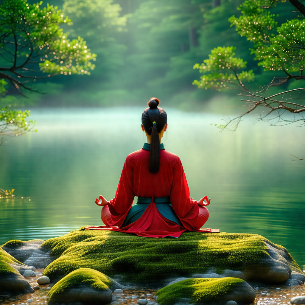 Woman sitting on a rock in a serene environment