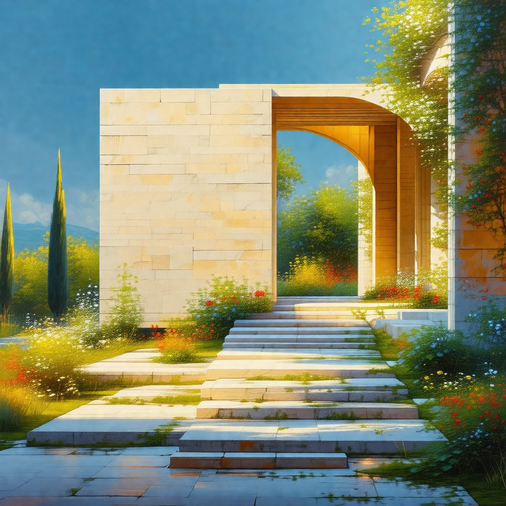 Beautiful garden with a large stone archway as the main f...