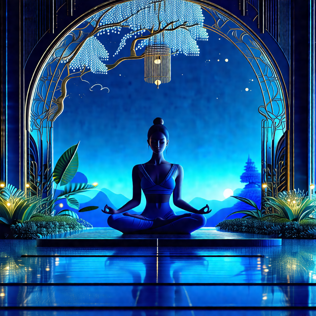 Woman sitting in a lotus position on a blue surface, poss...