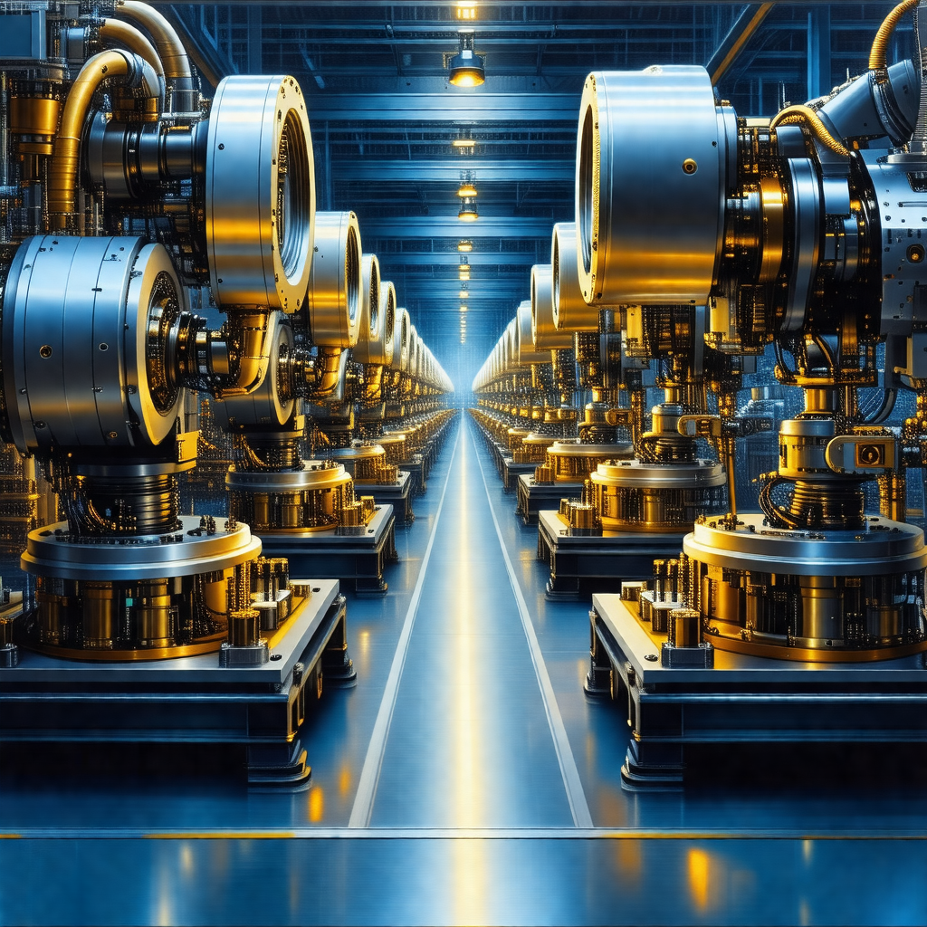 Factory with a long row of large metal machines lined up
