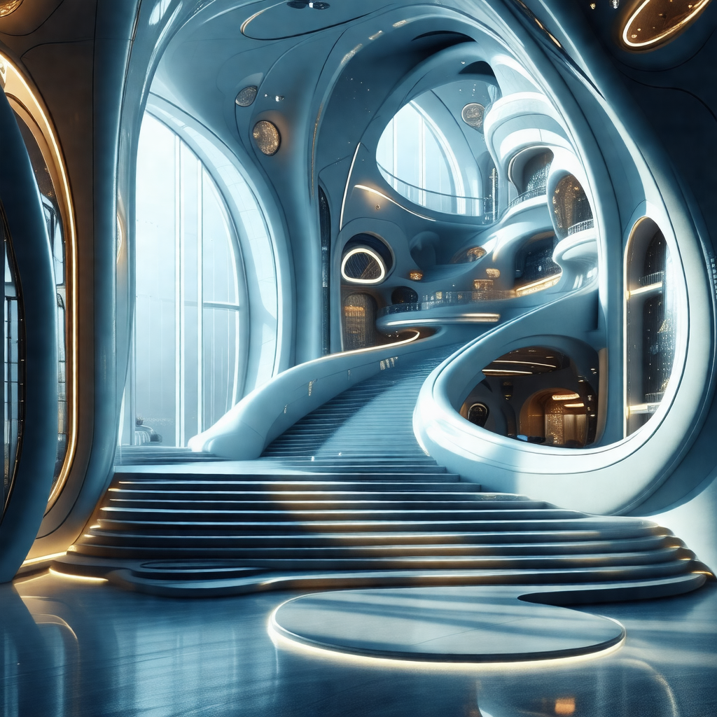 Blue-toned photo of a large, modern building with a spira...