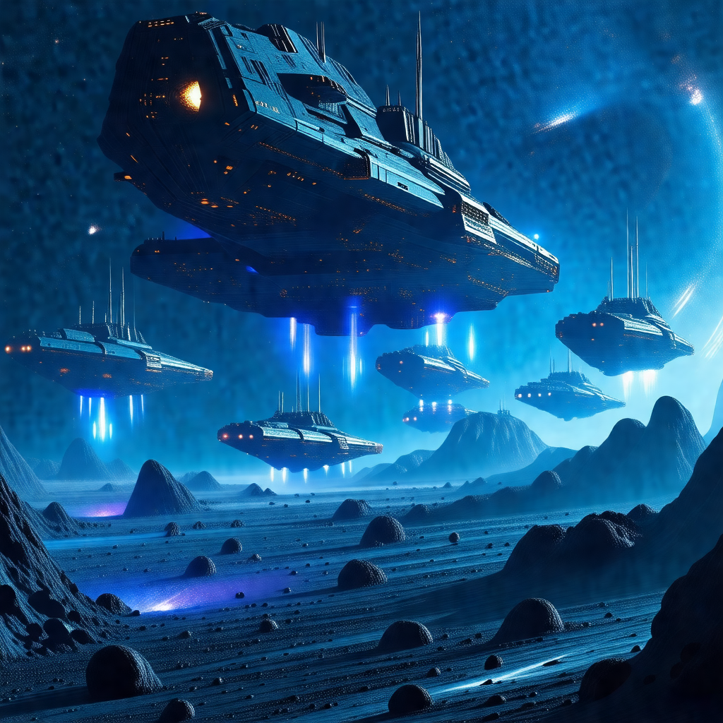 Futuristic scene with a large blue spaceship flying throu...