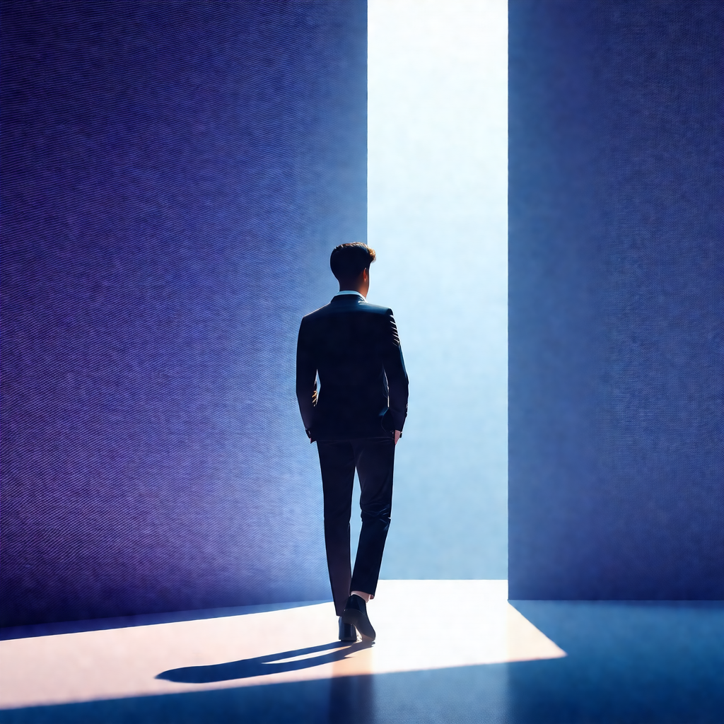 Man wearing a suit and tie, walking towards a doorway