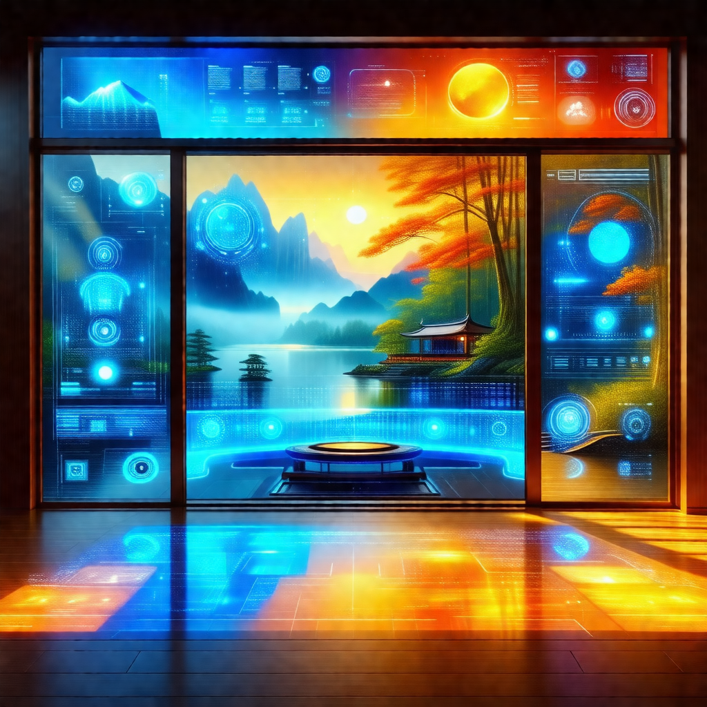 Large window with a painting of a mountain scene on it