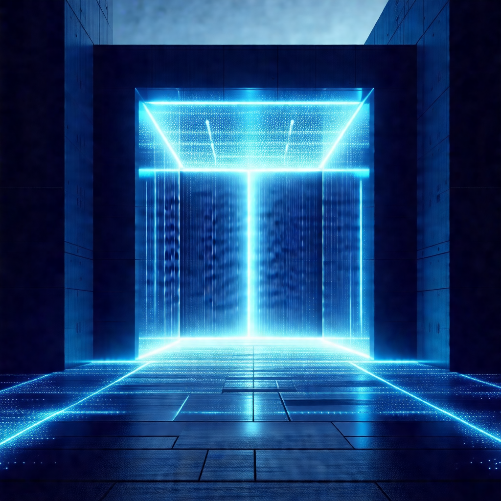 Futuristic scene with a blue doorway that appears to be a...