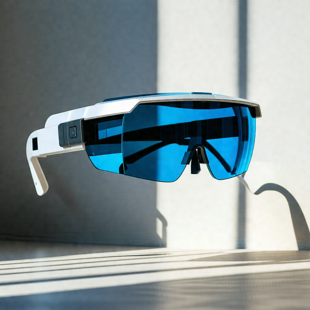 Pair of blue sunglasses with a silver frame, placed on a ...