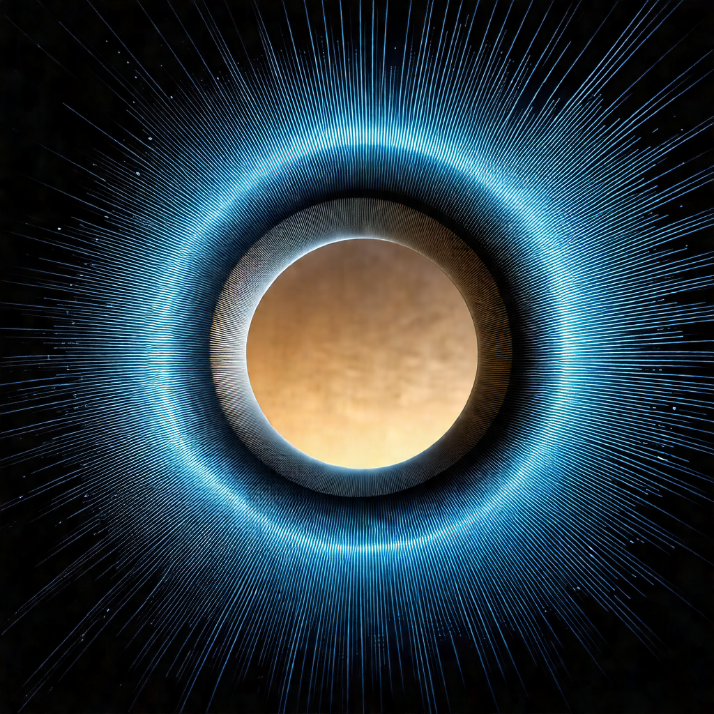 Large, round, blue circle with a small, round, brown obje...