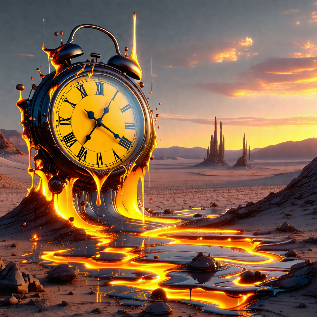 Large, golden clock with a blue face, sitting in a pool o...