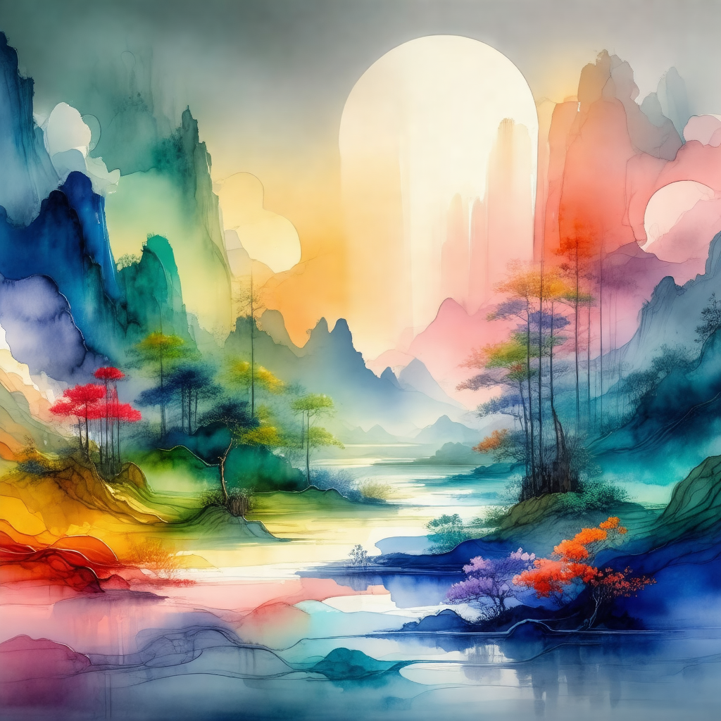 Painting of a beautiful landscape featuring a river flowi...