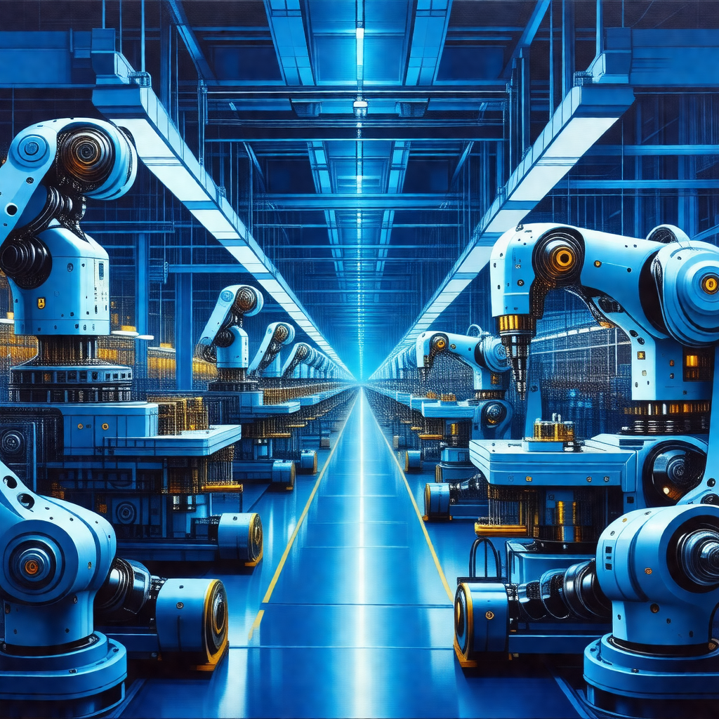 Painting of a factory with a long row of robots lined up