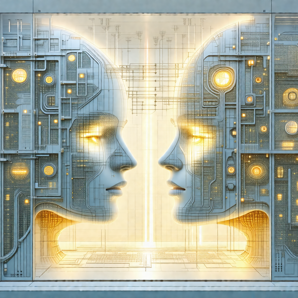 Futuristic scene with two large, metallic, robotic heads ...
