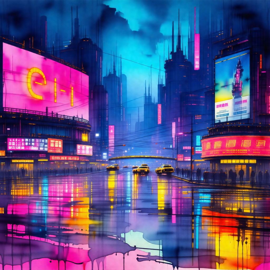 Bustling city street at night, with a rain-soaked atmosphere