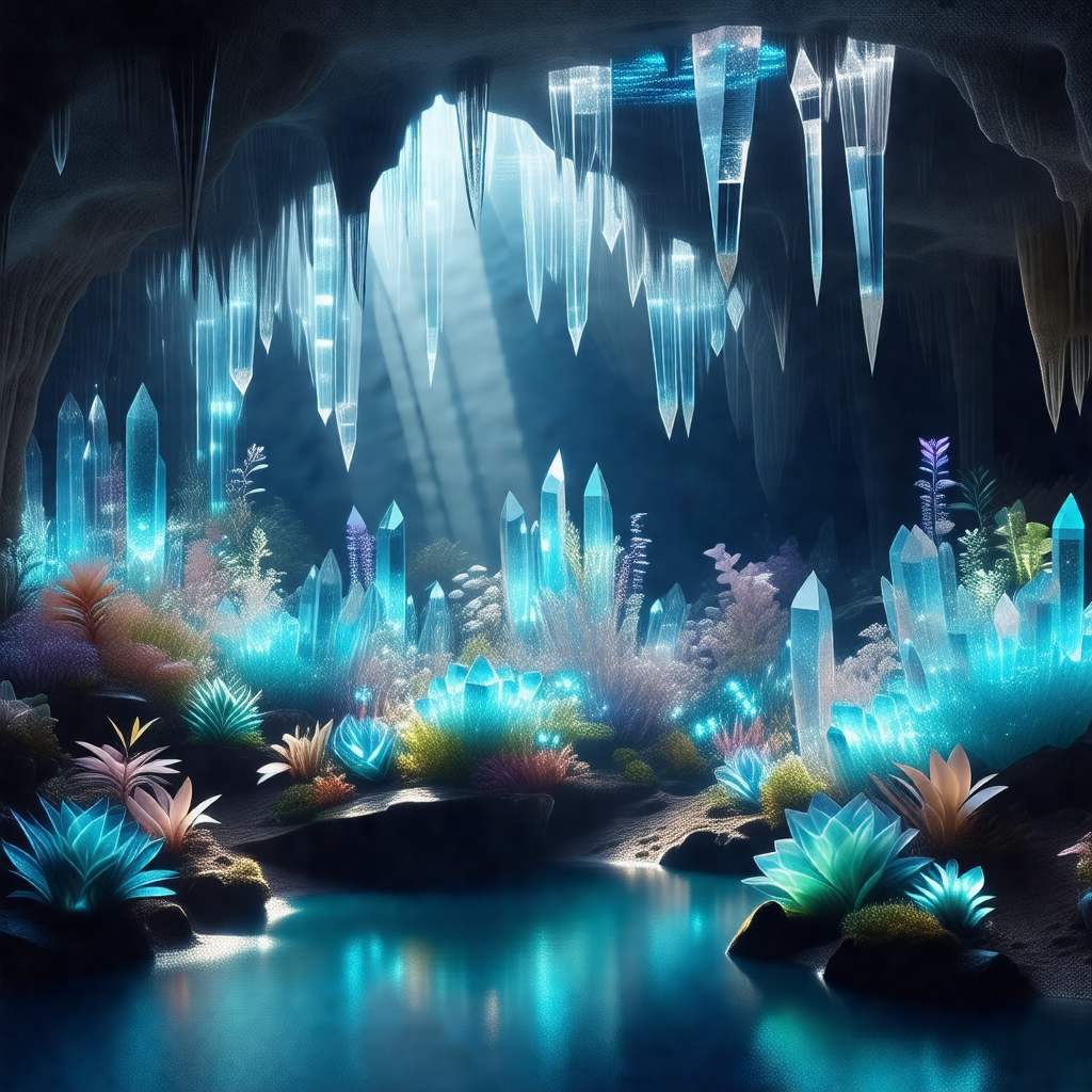 Colorful, computer-generated scene of a cave with a river...