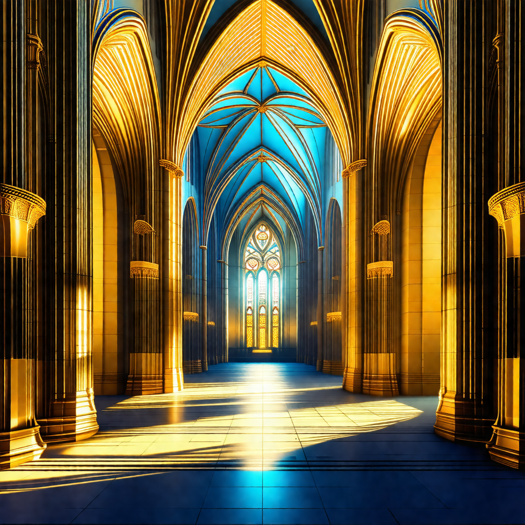 Painting of a large cathedral with a beautiful blue and g...