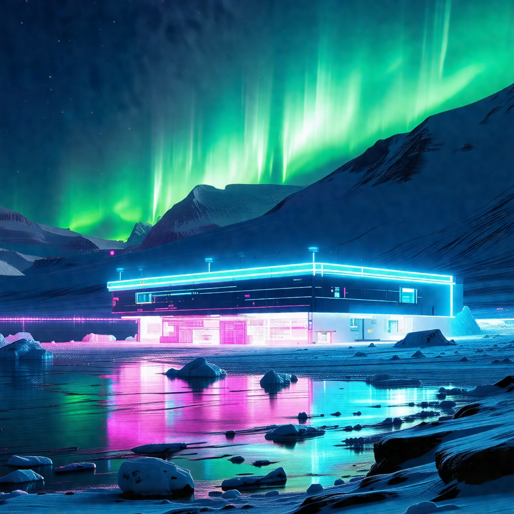 Large building with a neon blue and pink glow, situated o...