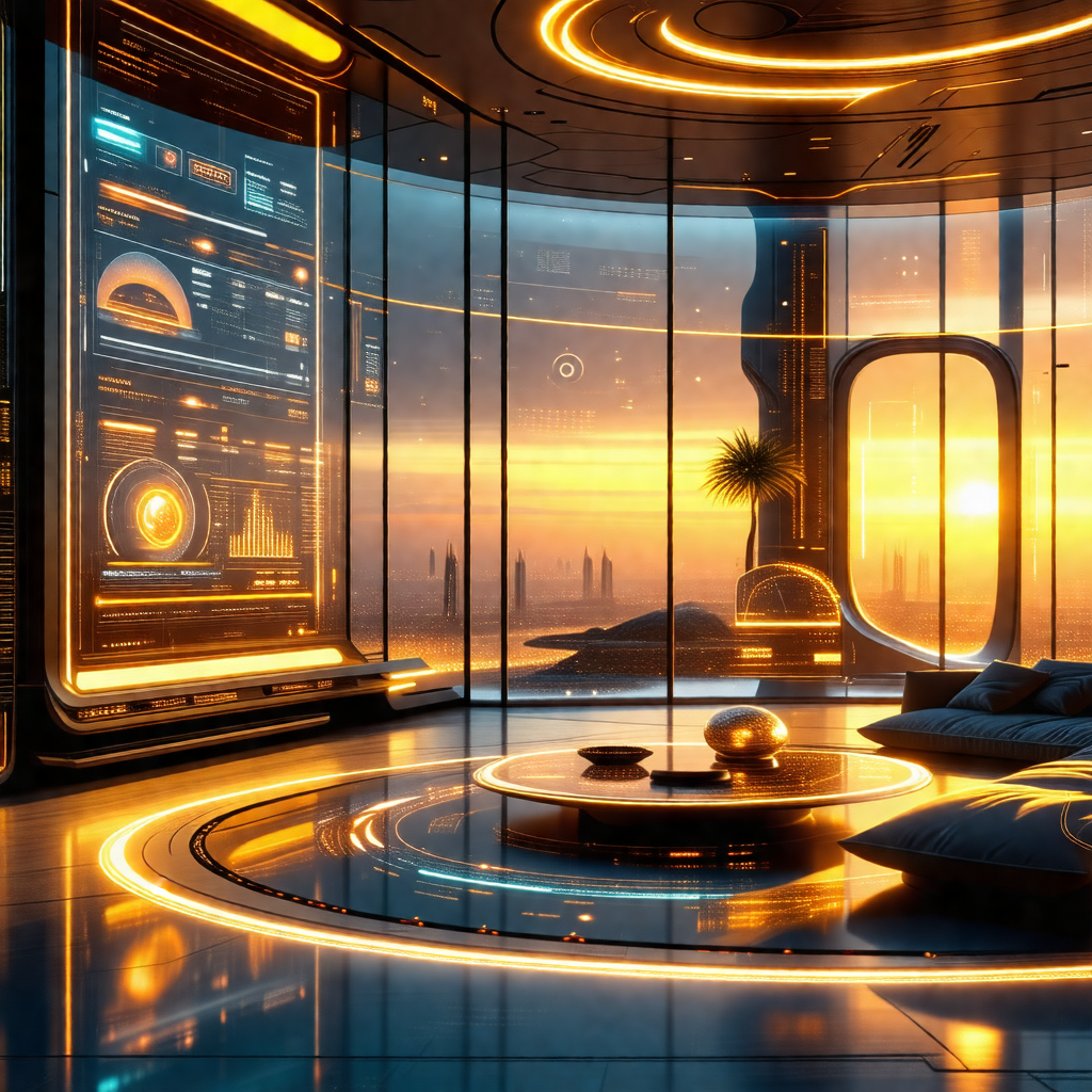 Futuristic living room with a large window that offers a ...