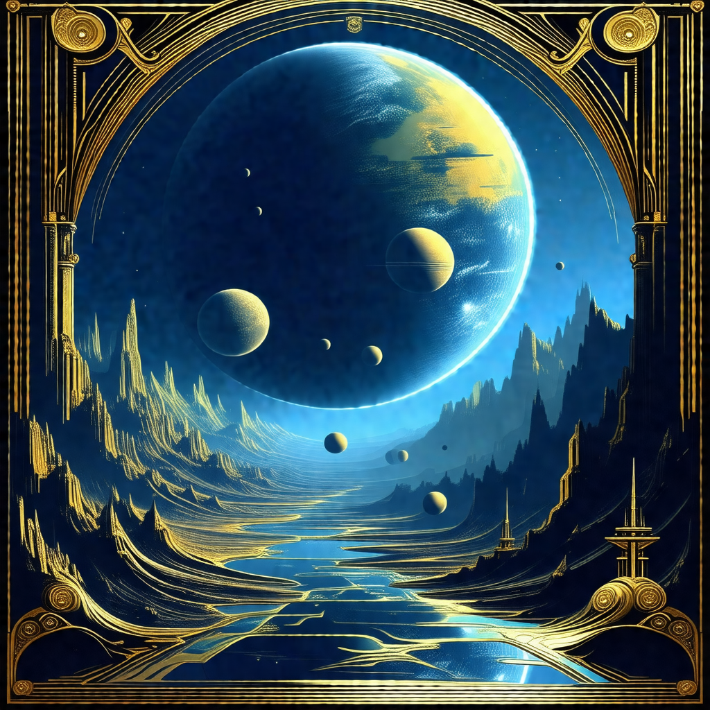 Painting of a space scene featuring a group of planets an...