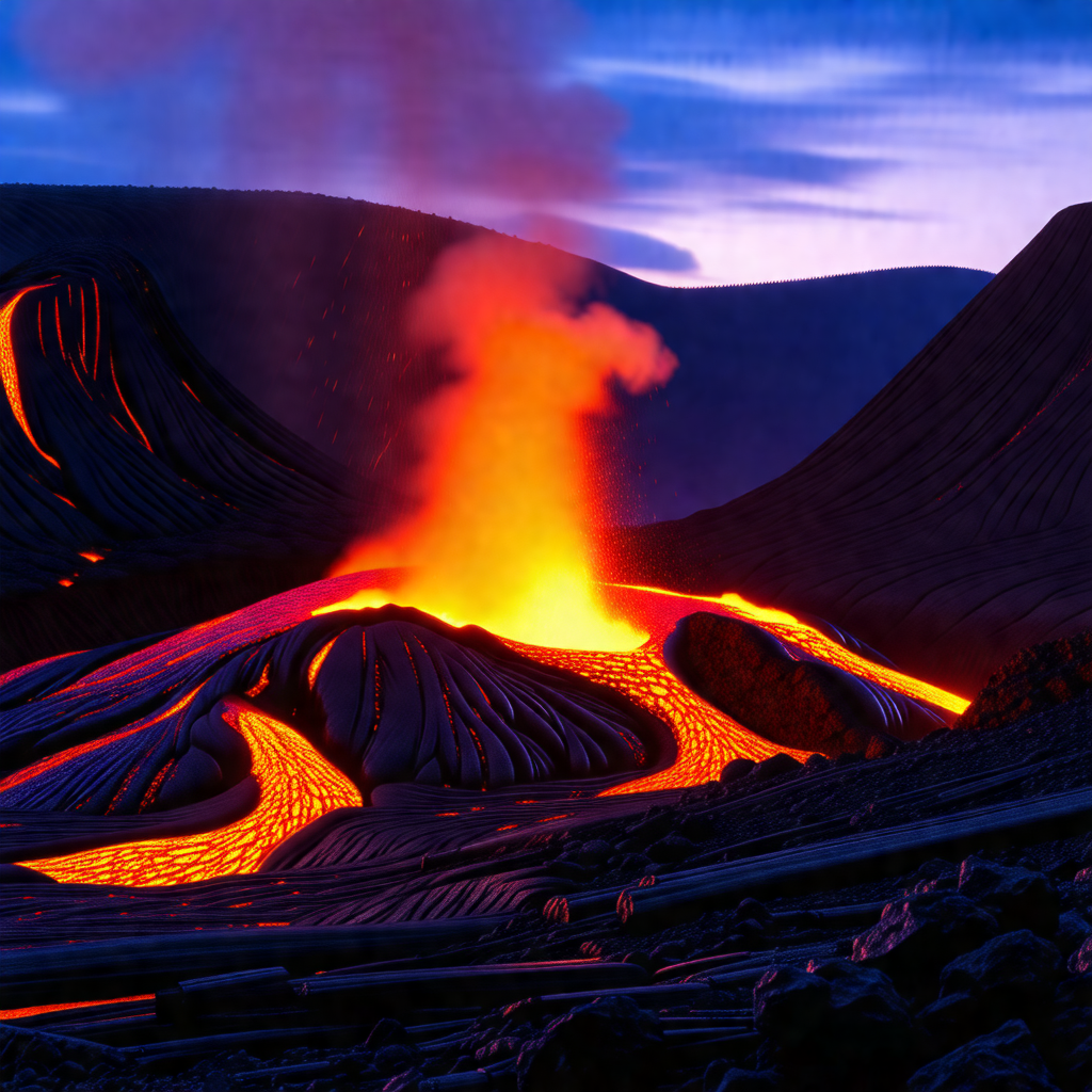 Volcanic landscape with a large, glowing lava flow