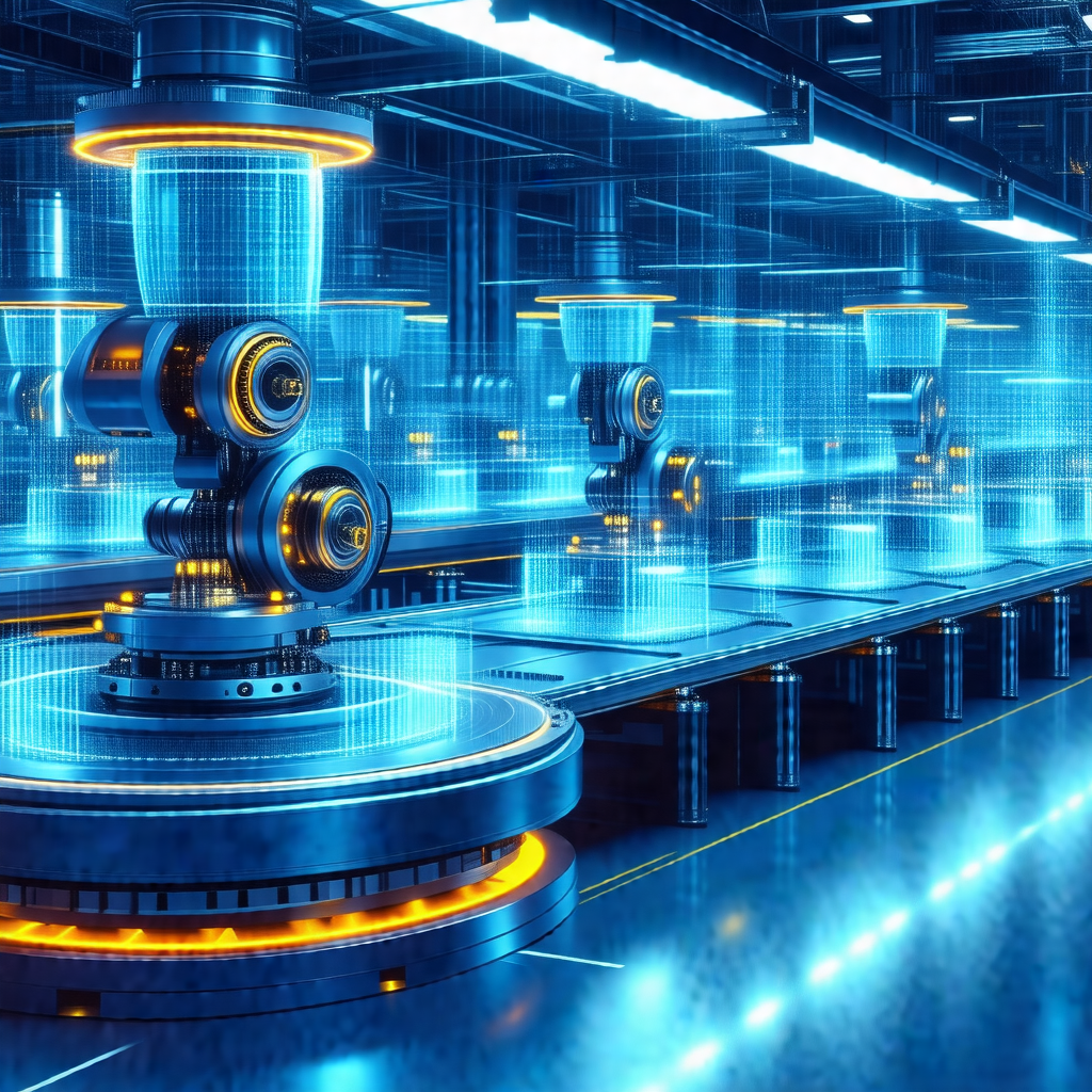 Large, futuristic factory with a blue glow