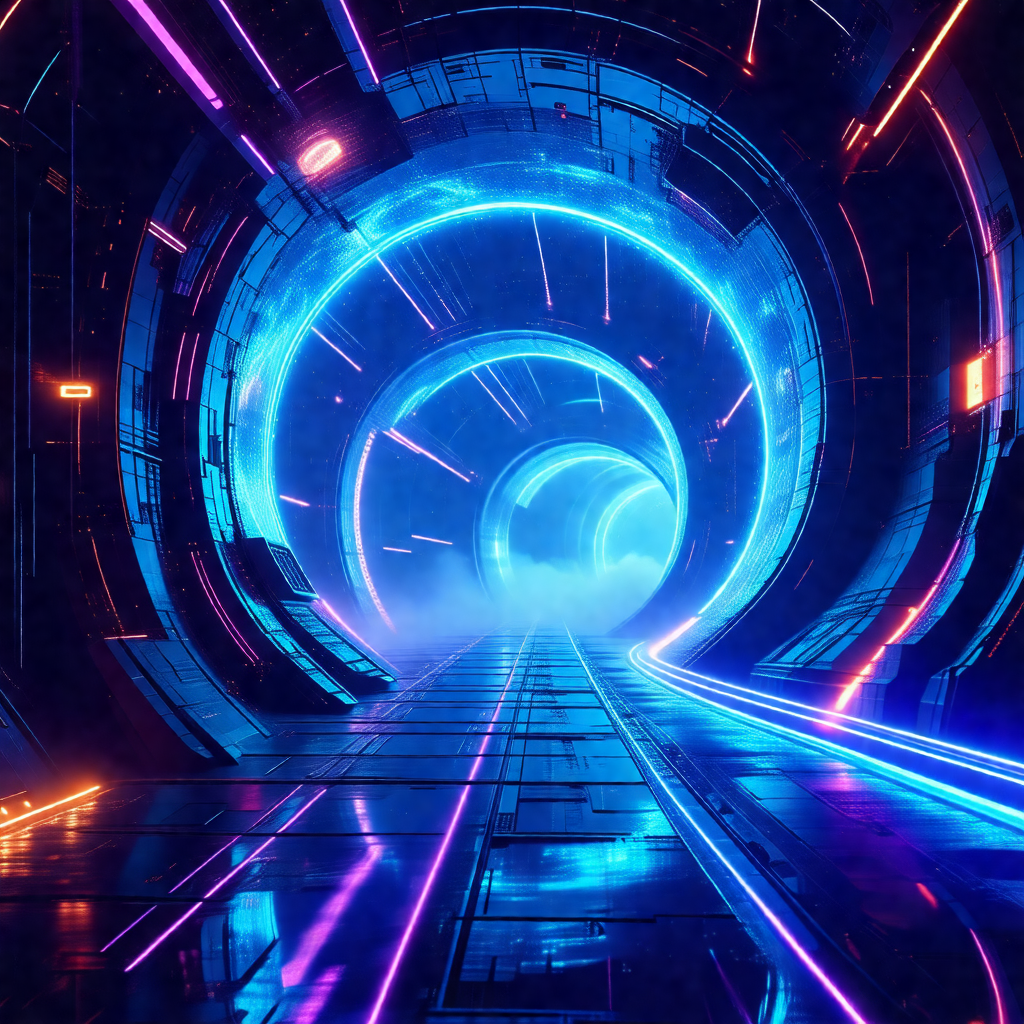 Futuristic tunnel with a blue light illuminating the space