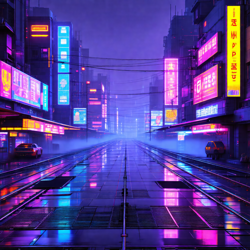 City street at night, with a train running down the middl...