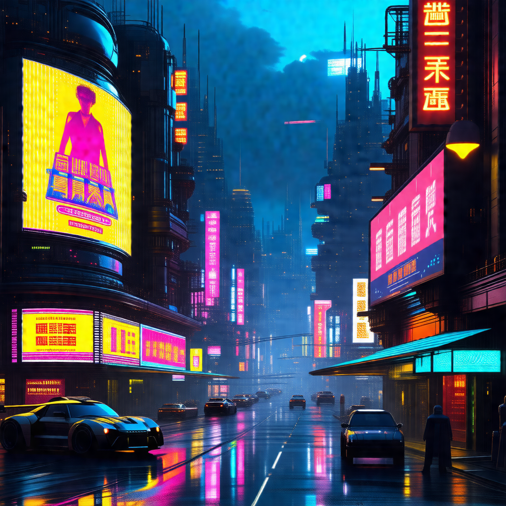 Futuristic cityscape with a rain-soaked street filled wit...