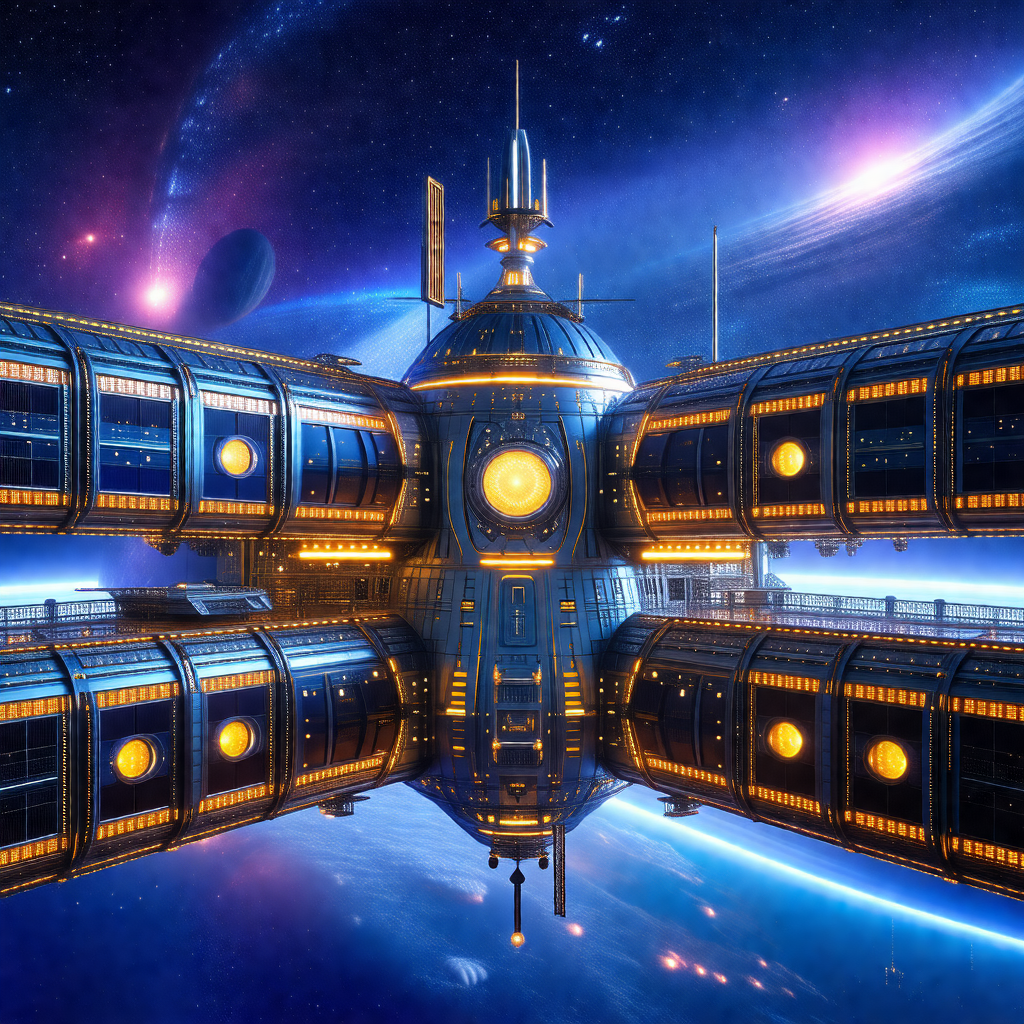 Futuristic space station with a large, circular structure...