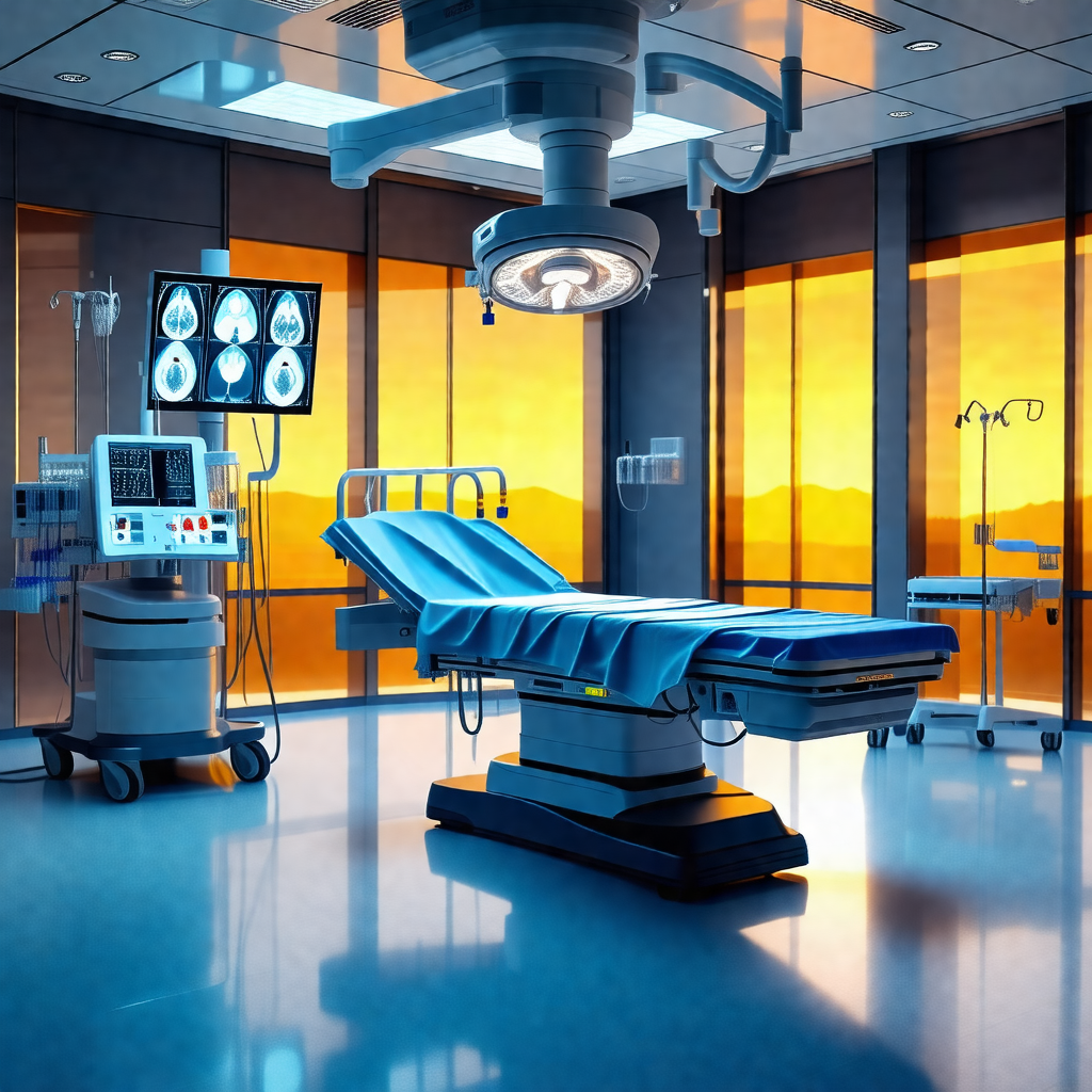 Hospital room with a large, blue hospital bed situated in...
