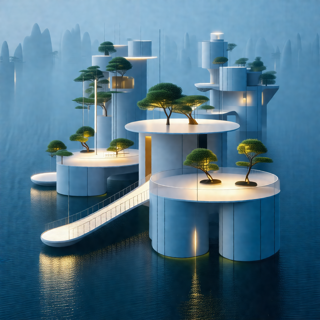 Futuristic cityscape with a large, white building situate...